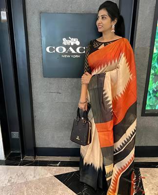 Multicolor leaf digital printed linen cotton saree 4