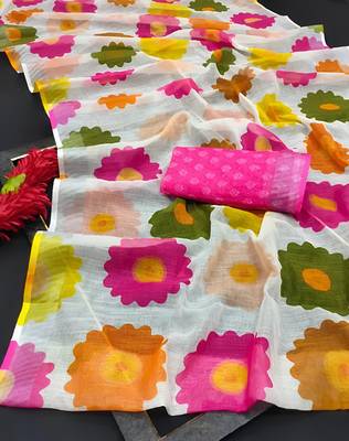 Multicolor leaf digital printed linen cotton saree 3