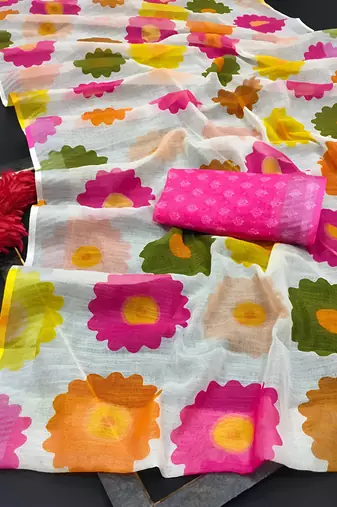 Multicolor leaf digital printed linen cotton saree