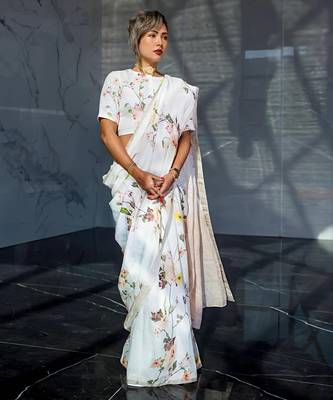 White leaf digital printed linen cotton saree 1
