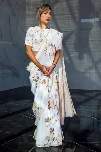 White leaf digital printed linen cotton saree