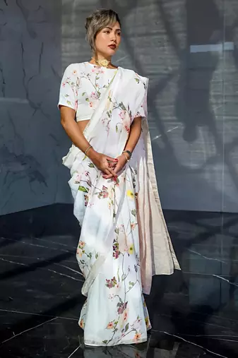 White leaf digital printed linen cotton saree