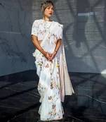 White leaf digital printed linen cotton saree