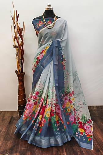 Grey leaf digital printed linen cotton saree