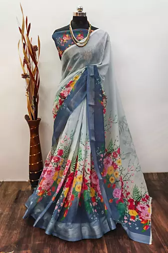 Grey leaf digital printed linen cotton saree