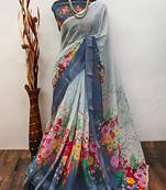Grey leaf digital printed linen cotton saree