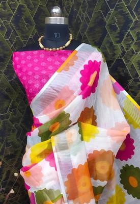 Multicolor leaf digital printed linen cotton saree 4