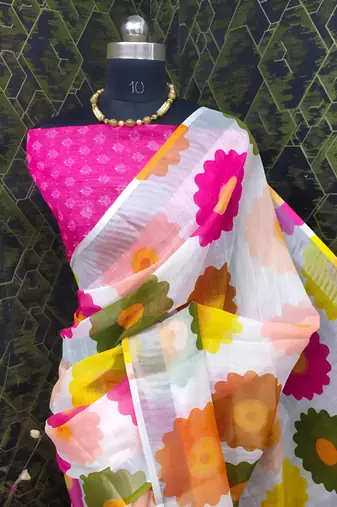 Multicolor leaf digital printed linen cotton saree