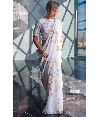 White leaf digital printed linen cotton saree 2