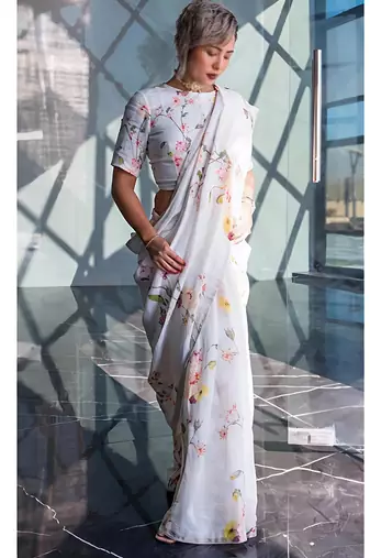 White leaf digital printed linen cotton saree