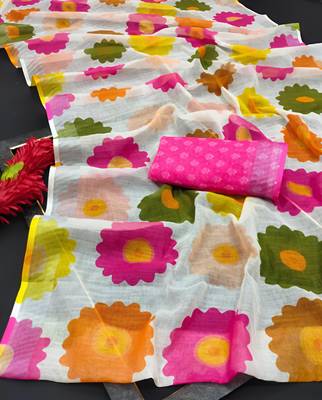 Multicolor leaf digital printed linen cotton saree 5