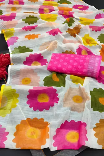 Multicolor leaf digital printed linen cotton saree