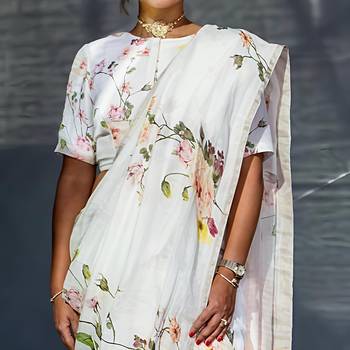 White leaf digital printed linen cotton saree 3