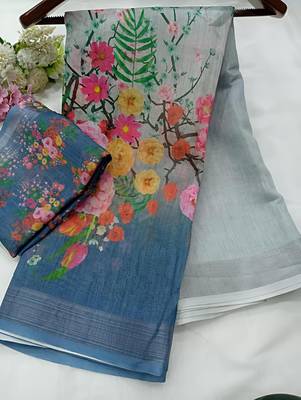 Grey leaf digital printed linen cotton saree 3