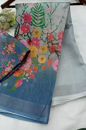 Grey leaf digital printed linen cotton saree