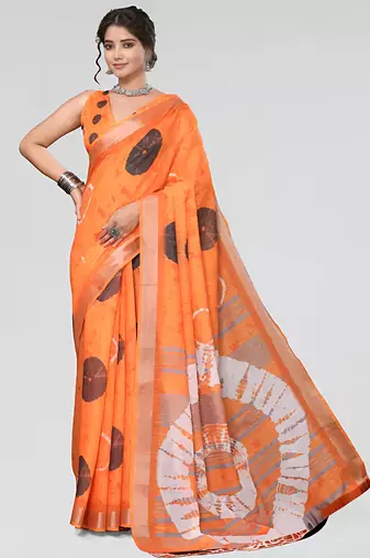 Orange leaf digital printed linen cotton saree