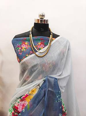 Grey leaf digital printed linen cotton saree 4