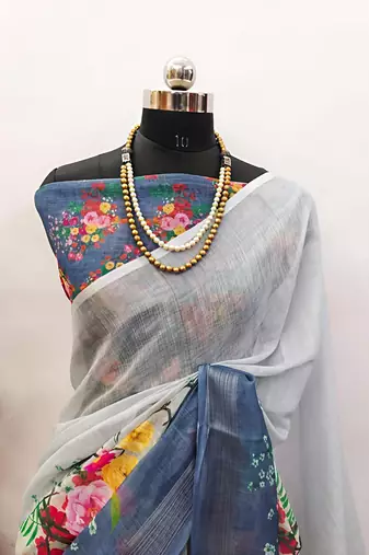 Grey leaf digital printed linen cotton saree