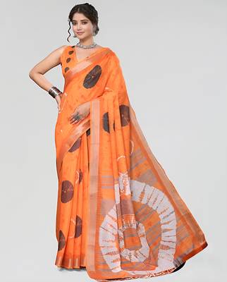 Orange leaf digital printed linen cotton saree 2