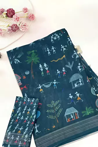 Blue leaf digital printed linen cotton saree