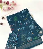 Blue leaf digital printed linen cotton saree