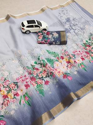Grey leaf digital printed linen cotton saree 5