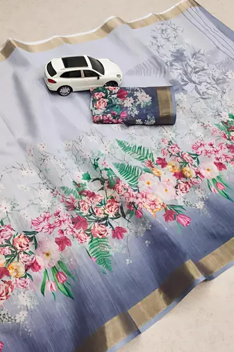 Grey leaf digital printed linen cotton saree
