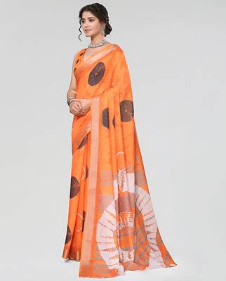 Orange leaf digital printed linen cotton saree 3