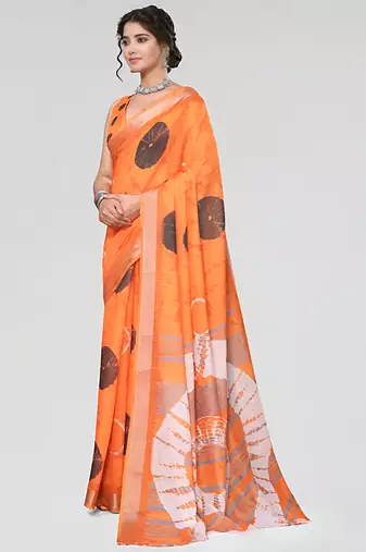Orange leaf digital printed linen cotton saree