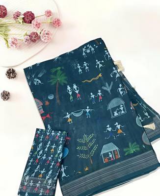 Blue leaf digital printed linen cotton saree 2