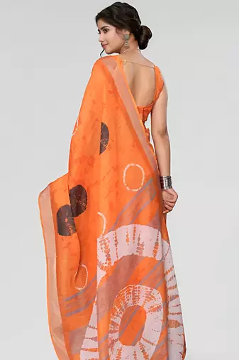 Orange leaf digital printed linen cotton saree