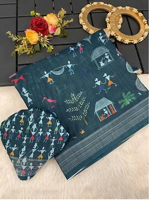 Blue leaf digital printed linen cotton saree 3