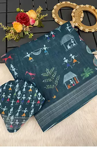 Blue leaf digital printed linen cotton saree