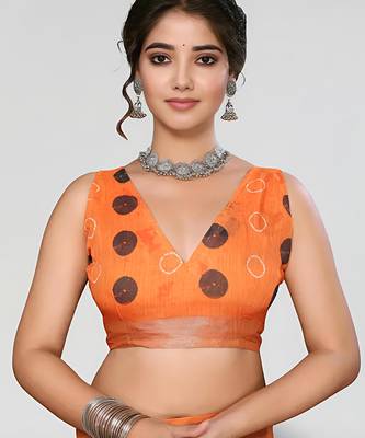 Orange leaf digital printed linen cotton saree 5
