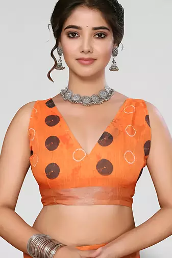 Orange leaf digital printed linen cotton saree