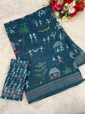 Blue leaf digital printed linen cotton saree 4