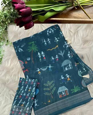 Blue leaf digital printed linen cotton saree 5