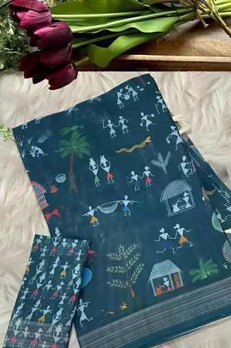 Blue leaf digital printed linen cotton saree