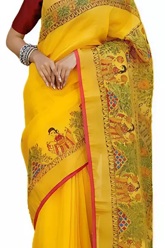 Yellow leaf digital printed linen cotton saree