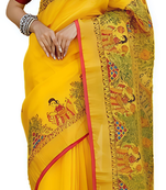 Yellow leaf digital printed linen cotton saree