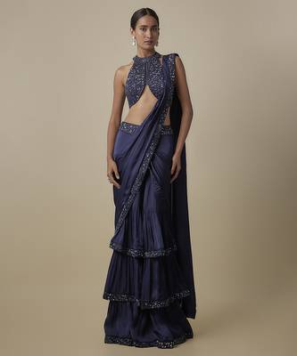 Blue satin drape embroidered saree 1