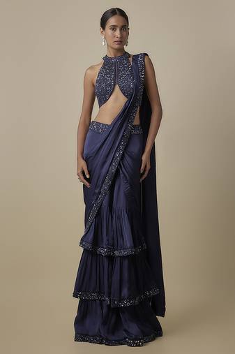 Blue satin drape embroidered saree