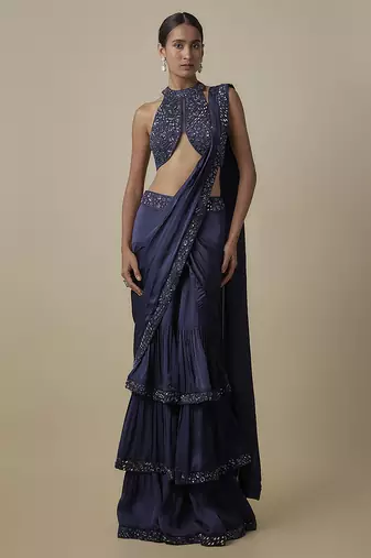 Blue satin drape embroidered saree