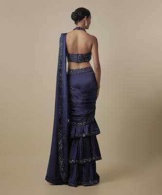 Blue satin drape embroidered saree 2