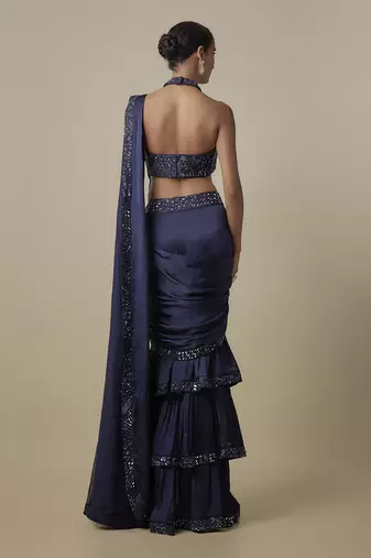Blue satin drape embroidered saree