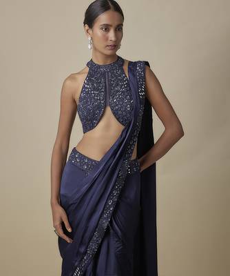 Blue satin drape embroidered saree 3