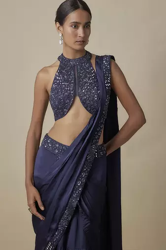 Blue satin drape embroidered saree
