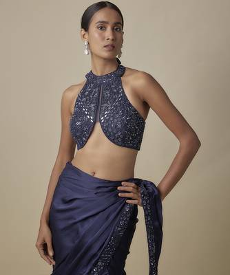 Blue satin drape embroidered saree 4