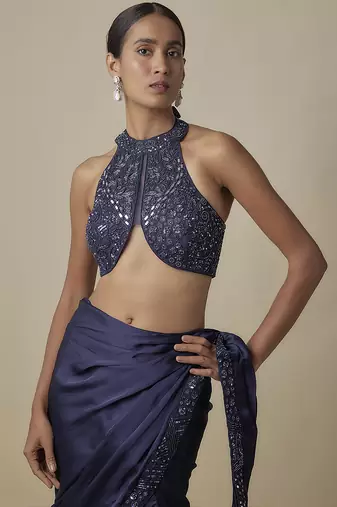 Blue satin drape embroidered saree