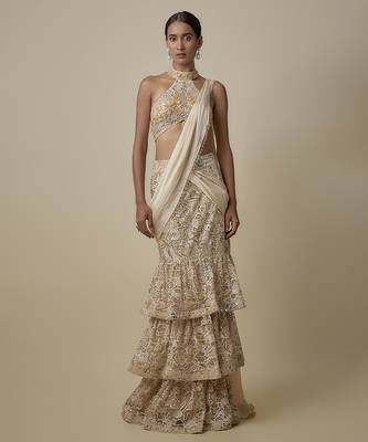 Beige satin embroidered saree 1